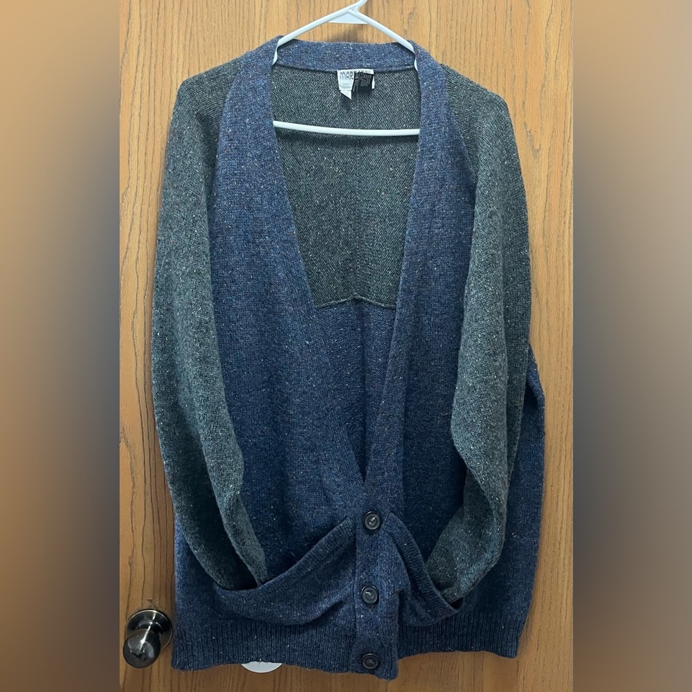 Margaret Hyne Two-Tone Knit Cardigan — Dark Blue & Green 100% Scottish wool
